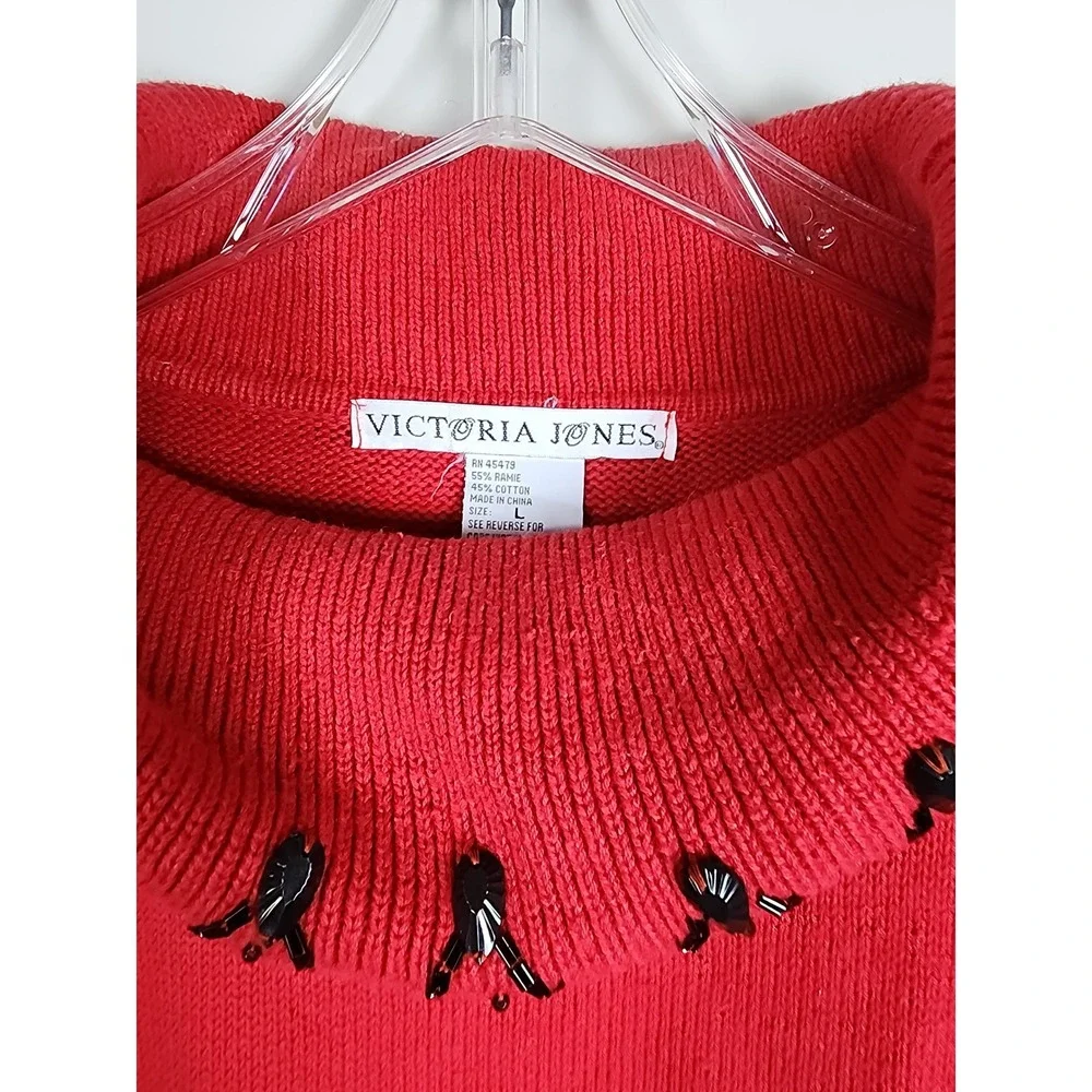 Vtg Victoria Jones Red Beaded Cowl Neck Sweater Top Womens Size L‎ Ramie Cotton